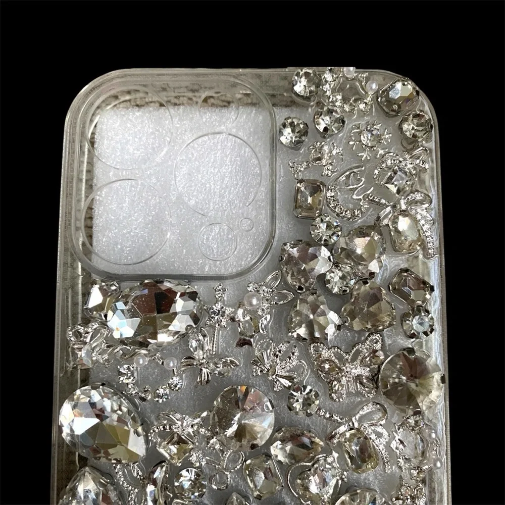 Silver Rhinestone iPhone 16 Pro Max Case with Camera Cutout